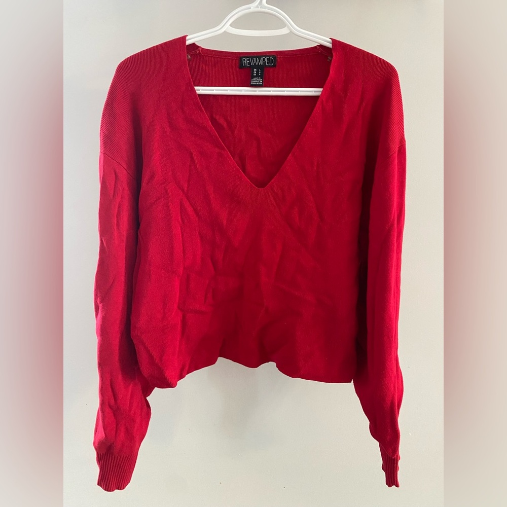 Vibrant Red V-Neck Sweater - Picture 2 of 4